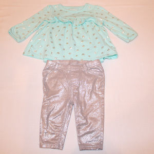 Girls top and bottom/ 3/6m/ blue top&silver pants